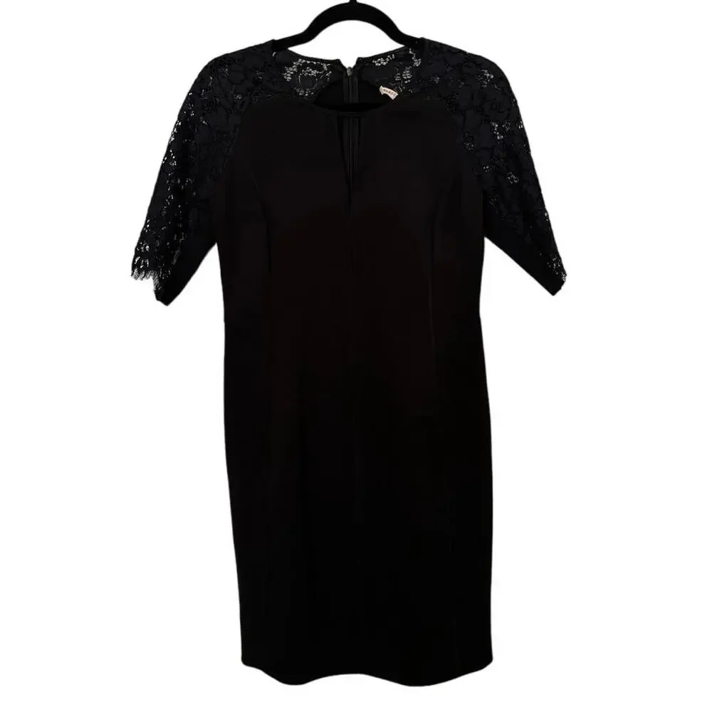 Rebecca Taylor Black Lace Sleeve Keyhole Fitted Sheath Dress Size 6 - Picture 2 of 9